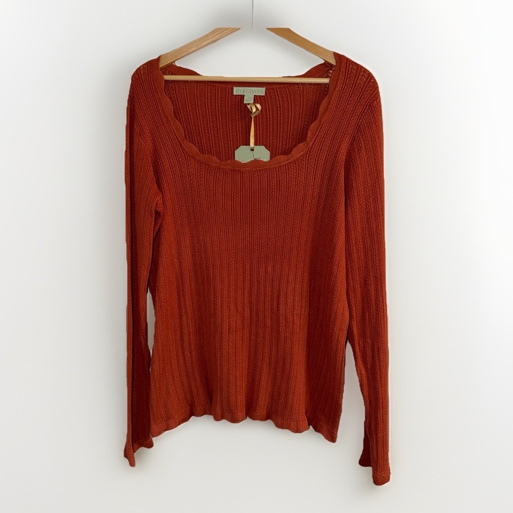 5/25 Ryegrass Womens XL Scoop Neck Scalloped Open Knit Top Sweater Burnt Brick